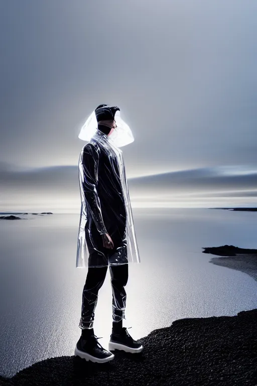 Image similar to an ultra high definition professional high fashion portrait studio full length photograph of a male model wearing a transparent pearlescent raincoat and neon visor planking in an icelandic black rock environment at dawn. no artefacts. extremely detailed. stark. refraction. shallow depth of field. volumetric light and shadow. ray tracing. light rays.