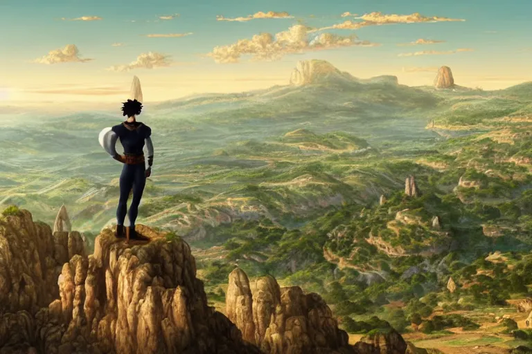 Image similar to an ultra detailed matte landscape painting of an extremely tall and strong young man with short brown hair standing on a cliff overlooking a medieval capital built on top of many hills, italian renaissance architecture, epic anime fantasy, 8 k, volumetric lighting, smooth, highly detailed, digital illustration, art by kentaro miura and akira toriyama and artgerm