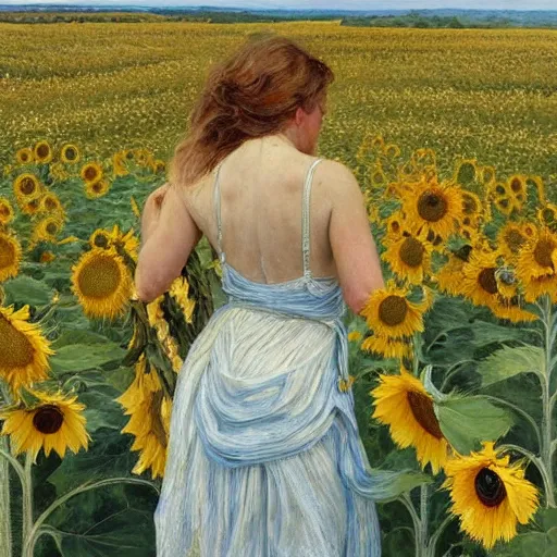 Image similar to a girl in amazing tall sunflower field, her hair flowing down, subtle, intricate details, real masterpiece, oil on canvas, by stanhope forbes, lucian freud