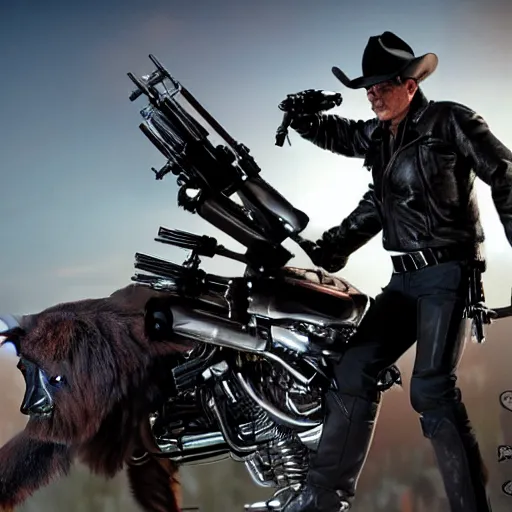 Image similar to a terminator android dressed as a cowboy while mounting a bear, 8 k, movie still, high detail, hyperrealistic