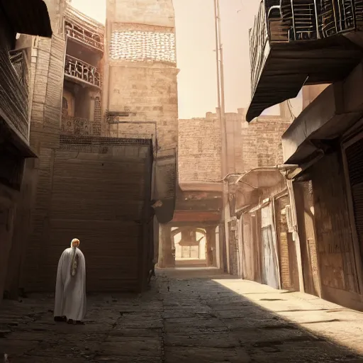 Prompt: old jeddah city alley, roshan, old shops, horse, magical glowing time portal, a man wearing a white robe standing watching over, dramatic lighting sci fi, by caspar david friedrich by beeple and james gilleard and justin gerard, centered, artstation, smooth, sharp focus, photoreal octane render, 3 d, by jean baptiste monge