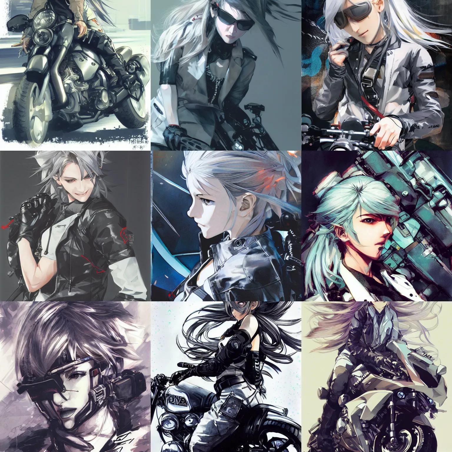 Prompt: girl silver hair, motorcycle, illustration by Yoji Shinkawa and Krenz Cushart, cinematic portrait