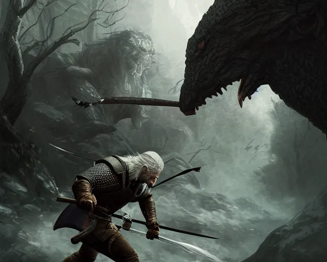 Image similar to 5 5 mm portrait photo of geralt fighting a hydra. magical atmosphere. art by greg rutkowski. highly detailed 8 k. intricate. lifelike. soft light. nikon d 8 5 0.