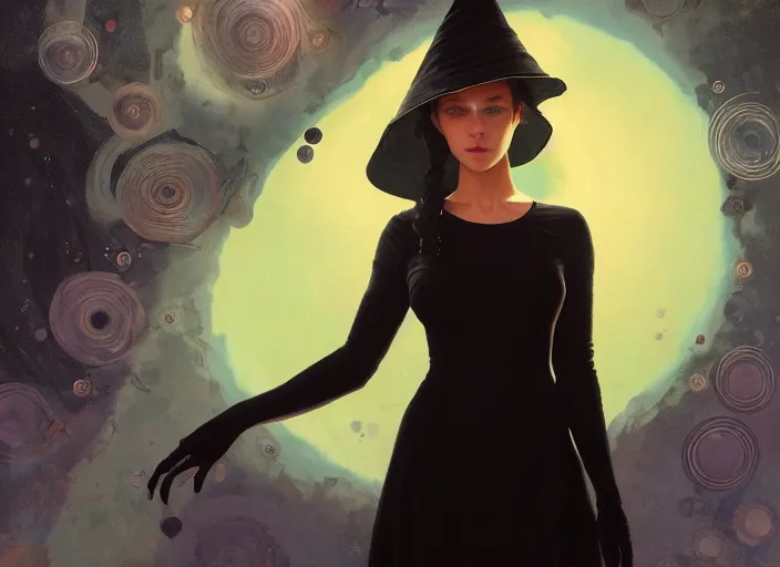 Prompt: high angle picture of a black dress witch researching about the azathoth, model pose, very brightening eyes, huge magic circles on the hand, magic and fantasy, extremely beautiful and aesthetic and detailed cute face, specular reflection, occlusion shadow, intricate, masterpiece, by ilya kuvshinov and jeremy lipking and quentin mabille