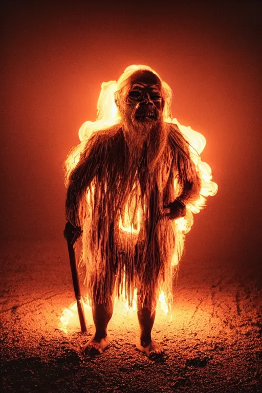 Prompt: full body shot of hanging old asian man with long beard, his head covered in roots, full face occult silver mask, bright multiple glowing eyes, holding a large carved wooden dark fractal stick, hanging upside down, thick smoke around him, in the burning soil desert, cinematic shot, wide angle, dark desert background, volumetric lighting by Denis Villeneuve, Lubezki, Gaspar Noe, Christopher Doyle and Alejandro Jodorowsky, anamorphic lens, anamorphic lens flares, kodakchrome, cinematic composition, practical effects, award winning photo, 8k