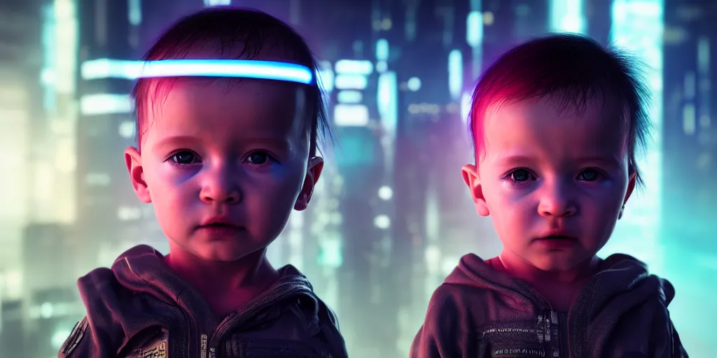 Prompt: realistic portrait of a cyberpunk baby, octane render, coherent, cinematic, highly detailed, 8k,