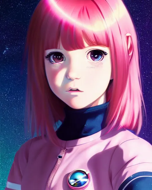 Image similar to portrait Anime space cadet girl Anna Lee Fisher anime cute-fine-face, pretty face, realistic shaded Perfect face, fine details. Anime. realistic shaded lighting by Ilya Kuvshinov Giuseppe Dangelico Pino and Michael Garmash and Rob Rey, IAMAG premiere, aaaa achievement collection, elegant freckles, pink hair, neon hologram, fabulous, daily deviation, annual award winner