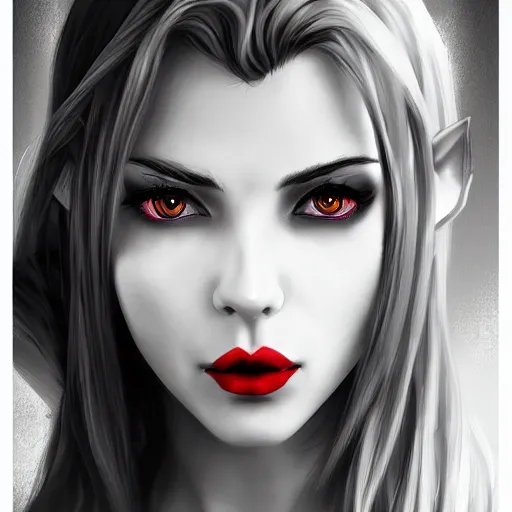 Image similar to Digital portrait of a beautiful half-elf half-vampire young woman. Black and white hair. Red irises, vertical pupils. Award-winning digital art, trending on ArtStation