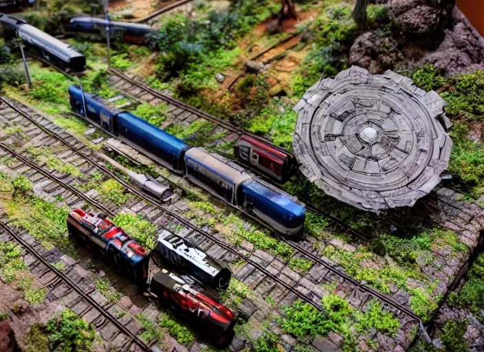 Prompt: a detailed photo of a realistic diorama with star wars toys, macro photography, zoom, model trees, train diorama