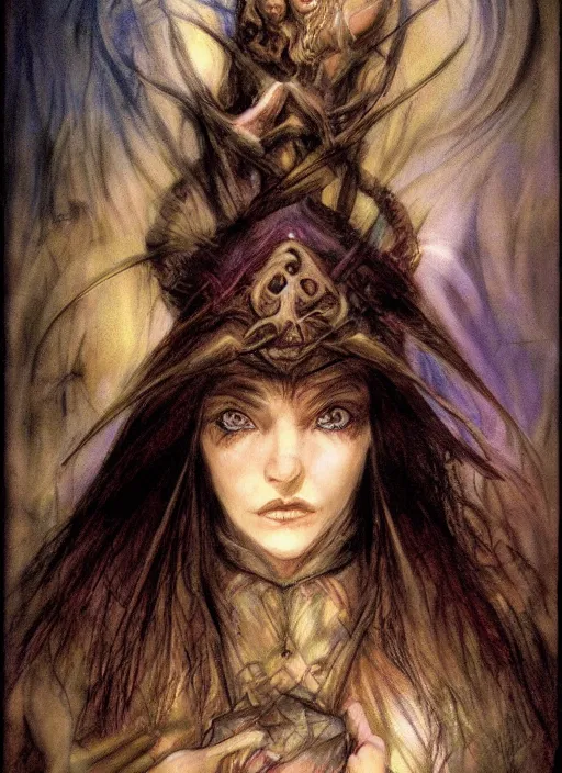 Image similar to portrait of young female sorceress of doom, beautiful! coherent! dungeons and dragons character, by brian froud, strong line, night color, high contrast