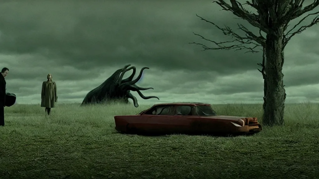 Image similar to the strange creature waits by the car, made of Chlorophyll and blood, film still from the movie directed by Denis Villeneuve with art direction by Salvador Dalí, wide lens