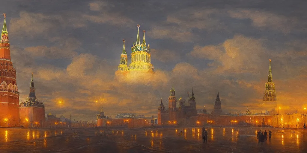 Prompt: a beautiful painting of nuclear strike on Moscow Kremlin by Andreas Marschall, 8k, high detail, advanced rendering whimsically designed art, 4k post-processing highly detailed, Soft illumination