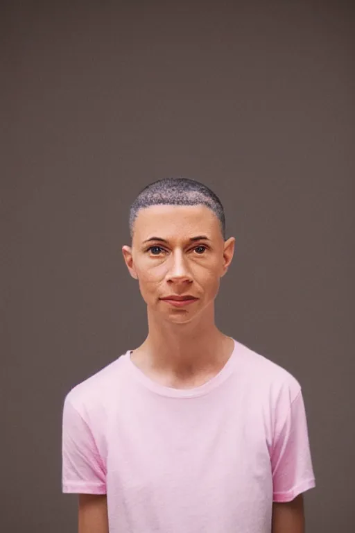 Prompt: a high definition film photograph of a normal mixed race androgynous robot human wearing a plain white t - shirt, in a pastel pink perspex shed. friendly. crushed shadows. three point light.