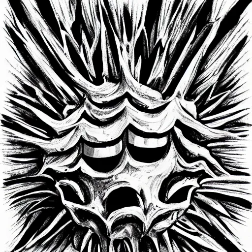 Prompt: A giant maw with infinite teeth devouring a star. Ink art. Sharp. Jagged. Monochromatic