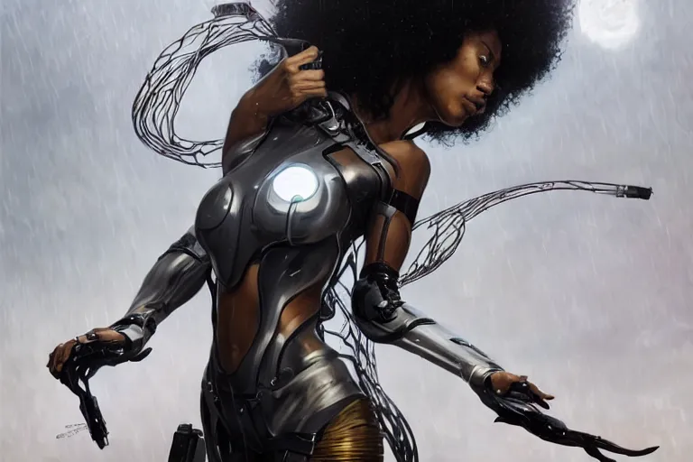 Prompt: cyborg hacker normani as aeon flux profile picture by greg rutkowski, dynamic pose, intricate, futuristic, fantasy, elegant, by stanley artgerm lau, greg rutkowski, thomas kindkade, alphonse mucha, loish, norman rockwell, metal chrome, shiny, rainy day, asymmetric, long afro hair, wires,