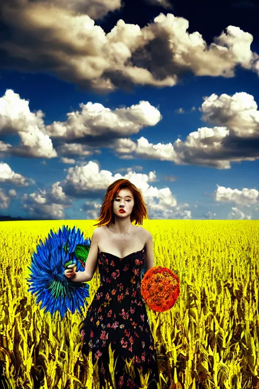 Prompt: giant corn flower head, girl walking in a flower field, surreal photography, dead body, dramatic light, impressionist painting, colorful clouds, digital painting, walter white, uncanny valley