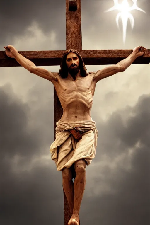 Prompt: jesus christ crucified and a light coming out of his chest, 8 k, hdr, great light, by greg rutkowski and annie leibowitz