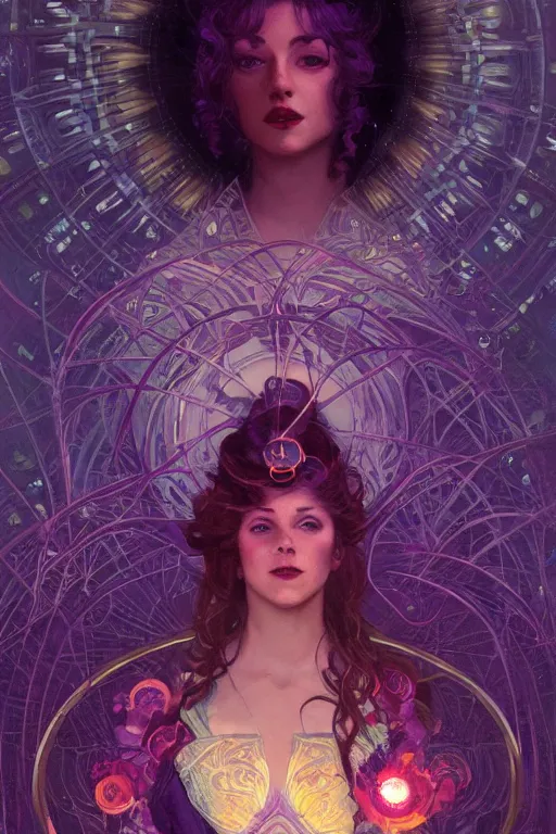 Image similar to she dreams of arcs of purple flame intertwined with glowing sparks, glinting particles of ice, dramatic lighting, steampunk, bright neon, secret holographic cyphers, red flowers, solar flares, high contrast, smooth, sharp focus, art nouveau, art by greg rutkowski and Alphonse Mucha