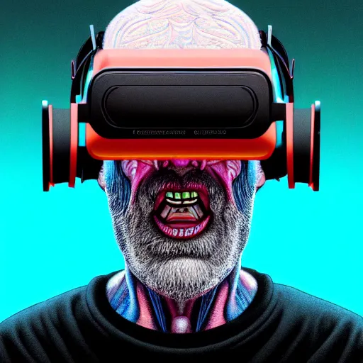 Prompt: Colour Photography of 1000 years old man with highly detailed 1000 years old face wearing higly detailed cyberpunk VR Headset designed by Josan Gonzalez. Man eating higly detailed hot-dog. In style of Josan Gonzalez and Mike Winkelmann andgreg rutkowski and alphonse muchaand Caspar David Friedrich. Rendered in Blender