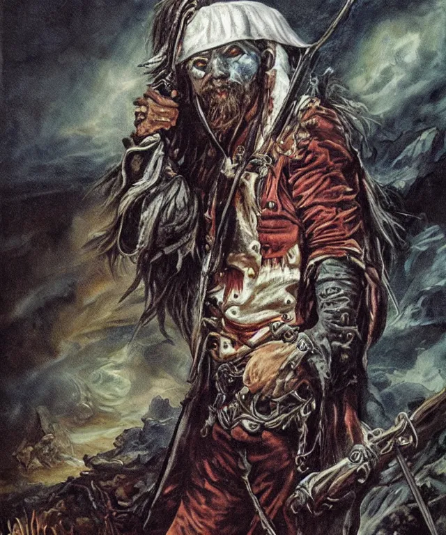 Image similar to ultra realistic color portrait painting of a ghost 1 7 th century pirate with a sword in a grotto, dark, painted, brooding, atmospheric, seascape, horror, smooth, epic, highly detailed, cinematic, by larry elmore