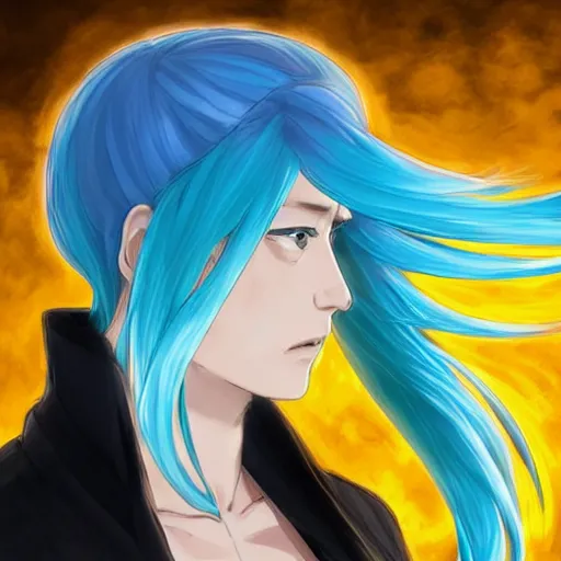 Image similar to side profile of rimuru tempest crying with sky blue hair, long hair, gold eyes, black jacket with white stripes and a high collar | highly detailed, greek city in the background, professional digital painting, digital art, concept art, award - winning photography, cinematic, wlop | art by pixiv art, ilya kuvshinov, yoshitaka amano