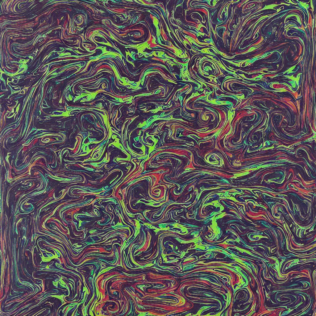 Image similar to topo camo, swirls, technical, acrylic, teeth, death metal, eerie, tribal, clay, dotting, lines, stipple, points, cybernetic, style of old painting, francis bacon art, sleep paralysis, hypnosis, eerie, terror, oil, neon, color splotches, colorful dots, ominous, abstract