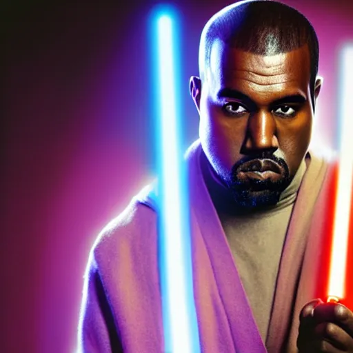 Image similar to Portrait of Kanye West as a jedi in Star Wars, holding lightsabre. splash art, cinematic lighting, dramatic, octane render, long lens, shallow depth of field, bokeh, anamorphic lens flare, 8k, hyper detailed, 35mm film grain