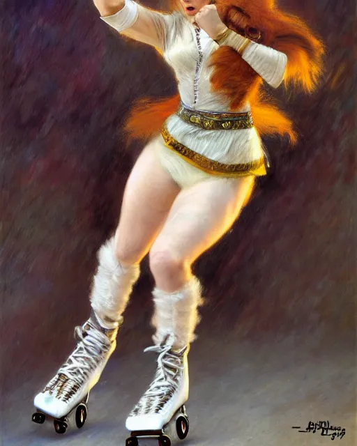 Image similar to white female anthro wolf skating at a roller derby, 4 k, trending on artstation, very expressive detailed face, energetic, action, motion blur, by gaston bussiere, craig mullins, j. c. leyendecker, gustav klimt, artgerm, greg rutkowski, alphonse mucha