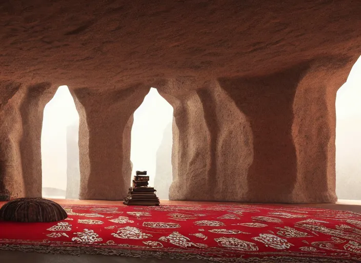 Prompt: a mosque inside a cave, red prayer rug, holy by caspar david friedrich by james gilleard and justin gerard, artstation, smooth, sharp focus, by jean baptiste, octane render