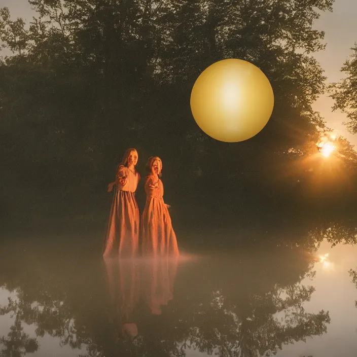 Image similar to a closeup portrait of a three - headed woman, floating in huge levitating luminescent orb, in a foggy pond, golden hour, by jan van eyck, canon eos c 3 0 0, ƒ 1. 8, 3 5 mm, 8 k, medium - format print