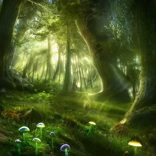 Image similar to fairy forest, wisps, landscape, magical, surreal, light shafts, light diffusion, heaven, oasis, fungal, mushrooms, fairies, jellyfish