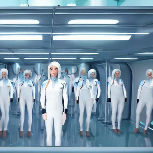 Prompt: troop of cloned women with white bob hairdos, tight light blue space cadet suits, futuristic cloning facility, sci - fi, highly detailed, cinematic