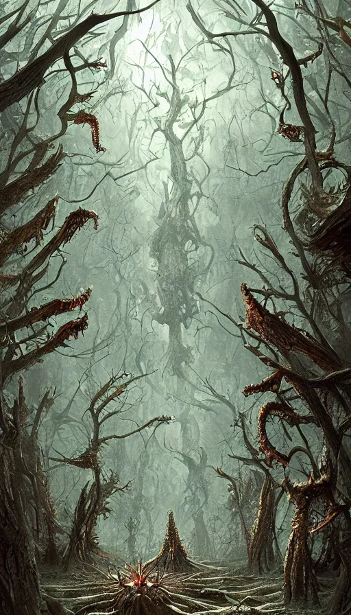 Image similar to a storm vortex made of many demonic eyes and teeth over a forest, by marc simonetti