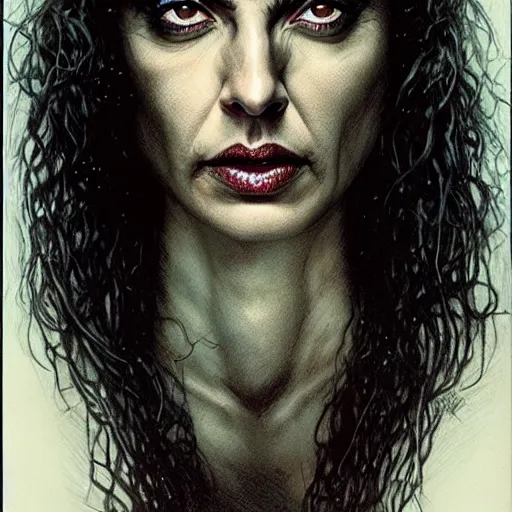 Image similar to head and shoulders portrait of an evil, black - skinned night hag portrayed by gal gadot, d & d, fantasy, luis royo, magali villeneuve, donato giancola, wlop, krenz cushart