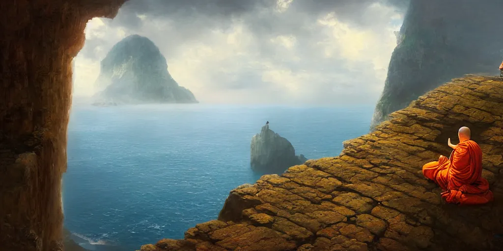 Image similar to A cliff with a narrow ledge looks out onto a vast ocean a monk sits on the ledge in the lotus position, Marc Simonetti, cinematic lighting, detailed oil painting, hyperrealistic, 8k