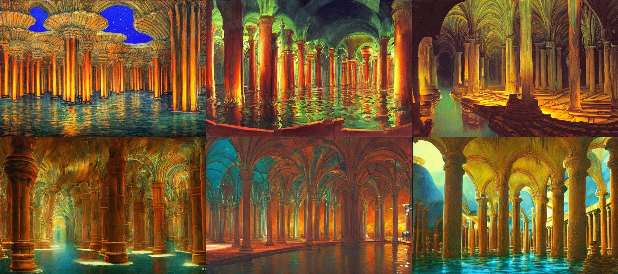 Prompt: basilica cistern in the style of dr. seuss, starships, painting by albert bierstadt