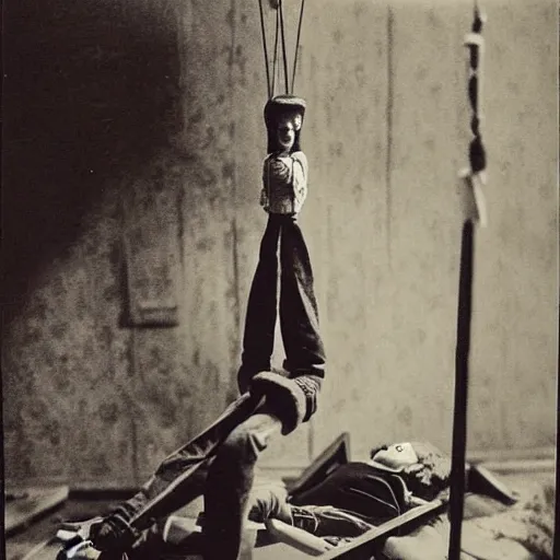 Image similar to female, creepy marionette puppet, horrific, unnerving, clockwork horror, pediophobia, lost photograph, dark, forgotten, final photo found before disaster, human laying unconscious in the background, polaroid,