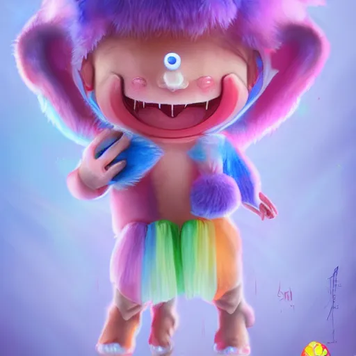 Image similar to A full body shot of a cute and mischievous huggy-wuggy from poppy-playtime the video game. Fancy Dress. Subsurface Scattering. Translucent Skin. Rainbow palette. defined facial features, symmetrical facial features. Opalescent surface. beautiful lighting. By Giger and Ruan Jia and Artgerm and WLOP and William-Adolphe Bouguereau. Photo real. Hyper-real. Photorealism. Fantasy Illustration. Sailor Moon hair. Masterpiece. trending on artstation, featured on pixiv, award winning, cinematic composition, dramatic pose, sharp, details, Hyperrealism, HD, HDR, 4K, 8K.