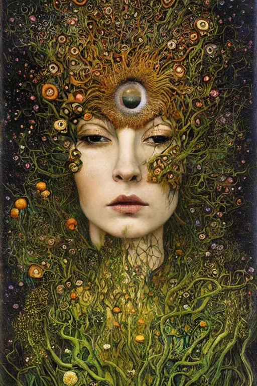 Image similar to Nature by Karol Bak, Jean Deville, Gustav Klimt, and Vincent Van Gogh, organic, fungi, moss, visionary, hair made of trees, botanicals, otherworldly, fractal structures, ornate gilded medieval icon, third eye, spirals