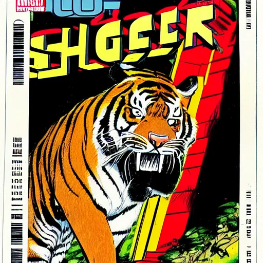 Prompt: 1 9 8 0 s comic book title cover scan, highly detailed professional comic art, featuring a portrait of tiger by schen teng, 8 0 s sci - fi comic art, graffiti