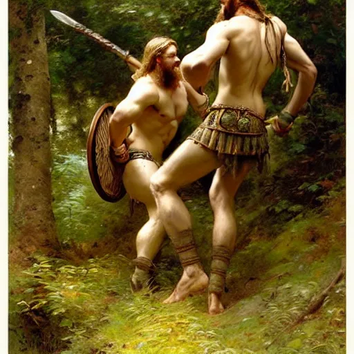 Image similar to 2 attractive male vikings frolicking in the forest. highly detailed painting by gaston bussiere, craig mullins, j. c. leyendecker, 8 k