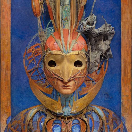 Image similar to the robot queen with her bird mask, by annie swynnerton and diego rivera and elihu vedder and jean delville, symbolist, dramatic lighting, elaborate geometric ornament, head and shoulders view, art brut, soft cool colors, smooth, sharp focus, extremely detailed, adolf wolfli, leo and diane dillon