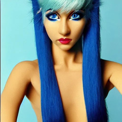 Image similar to blue-skinned elf girl, blue girl, blue skin, blue, glam hair, 80s hair, 80s clothes