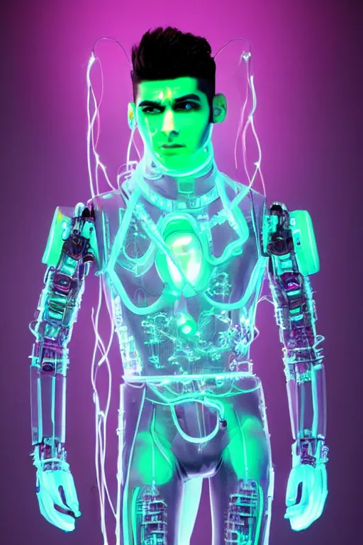 Image similar to full-body rococo and cyberpunk style mint neon and ceramic statue of a muscular pale Zayn Malik as a robot god humanoid wearing a thin see-through plastic cloak sim roupa, posing like a superhero, suspended to the wall thick clear cables around his wrists, glowing peach face, crown of pink steampunk lasers, large diamonds, swirling silver silk fabric. futuristic elements. oozing glowing liquid, full-length view. space robots. human skulls. throne made of bones, intricate artwork by caravaggio. Trending on artstation, octane render, cinematic lighting from the right, hyper realism, octane render, 8k, depth of field, 3D