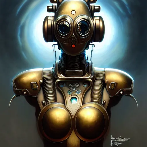 Image similar to front shot of a cyberpunk gazmask robot character, intricate, elegant, highly detailed, centered, digital painting, artstation, concept art, smooth, sharp focus, illustration, artgerm, Tomasz Alen Kopera, Peter Mohrbacher, donato giancola, Joseph Christian Leyendecker, WLOP, Boris Vallejo