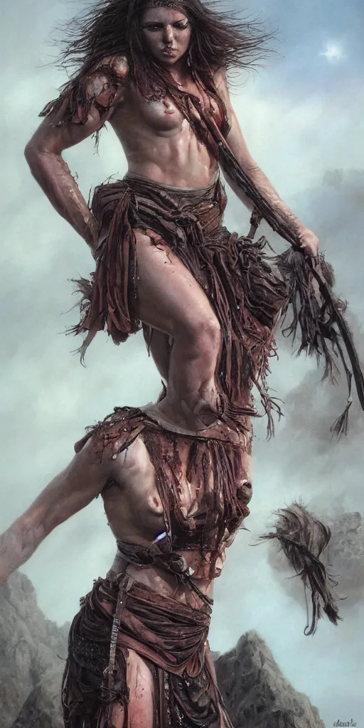 Image similar to beautiful warrior princess covered in sweat by gerald brom, photo realistic, 4 k,