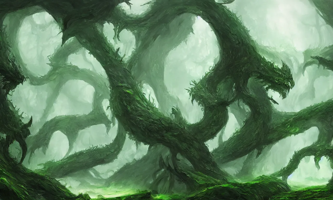 Prompt: Fantasy Green dragon forest, trending on artstation, 50mm, by Noah Bradley