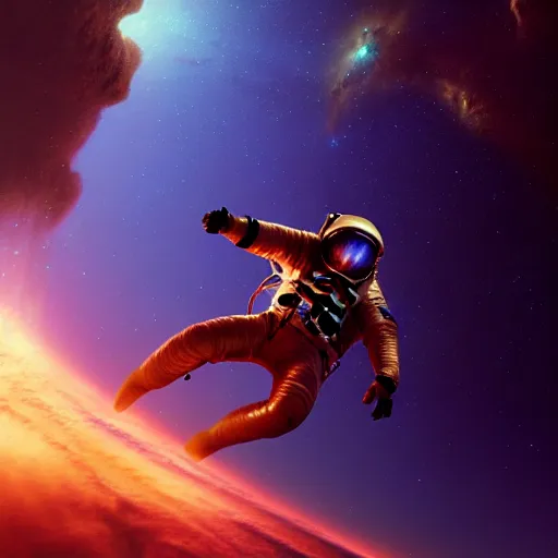 Image similar to Astronaut surfing on a nebula, realistic concept, light atmosphere, golden ratio, wide shot, cinematic lighting, hyperdetailed, high detailed, high resolution, insanely detailed and intricate, artstation, Marc Simonetti, Greg Rutkowski, octane render, unreal engine, 8k