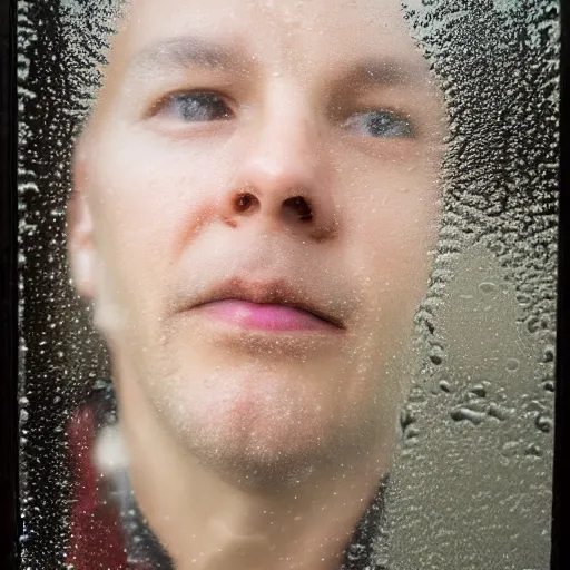 Image similar to diffuse portrait of person's face reflected in a window facing out on a rainy evening.