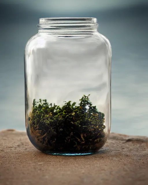 Prompt: glass jar with a stormy ocean inside, bokeh, dramatic lighting, hyperrealistic, highly detailed